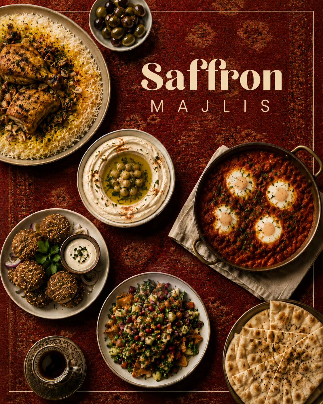 Saffron Majlis Arabic cookbook cover featuring kabsa rice, grilled kebabs, hummus, falafel, pita bread, dates, kunafa, baklava, mint tea, and Arabic coffee.