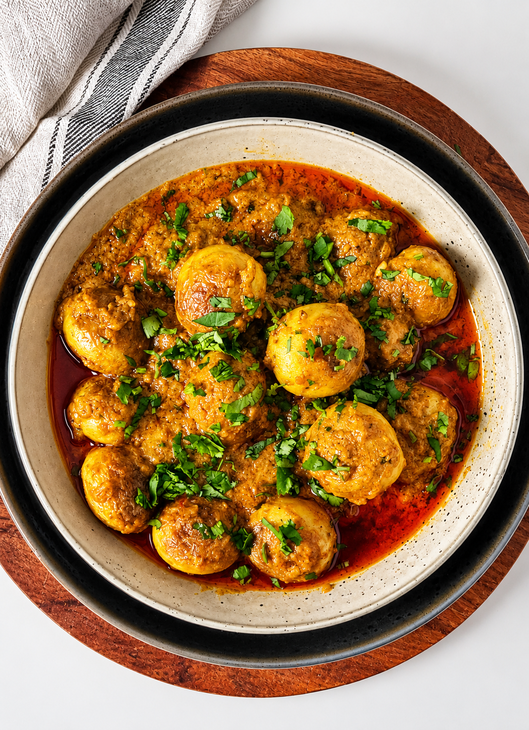 Authentic Dum Aloo made with baby potatoes simmered in a rich onion, tomato, and yogurt gravy, garnished with coriander and ginger.