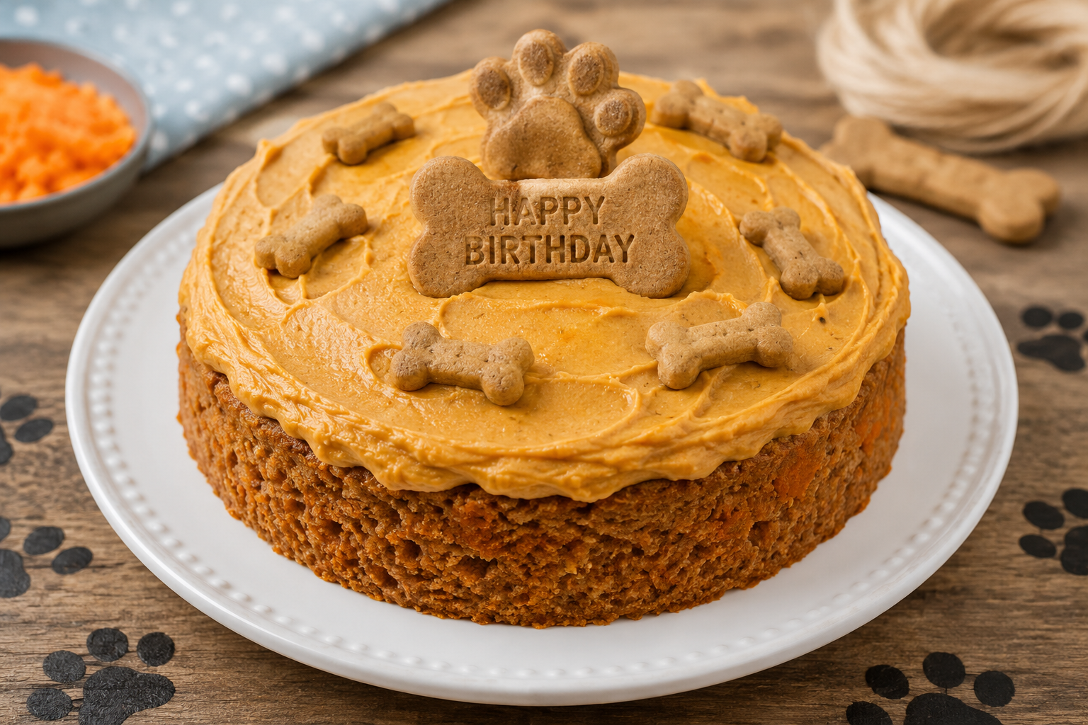 Small homemade dog birthday cake with sweet potato frosting on a serving plate.