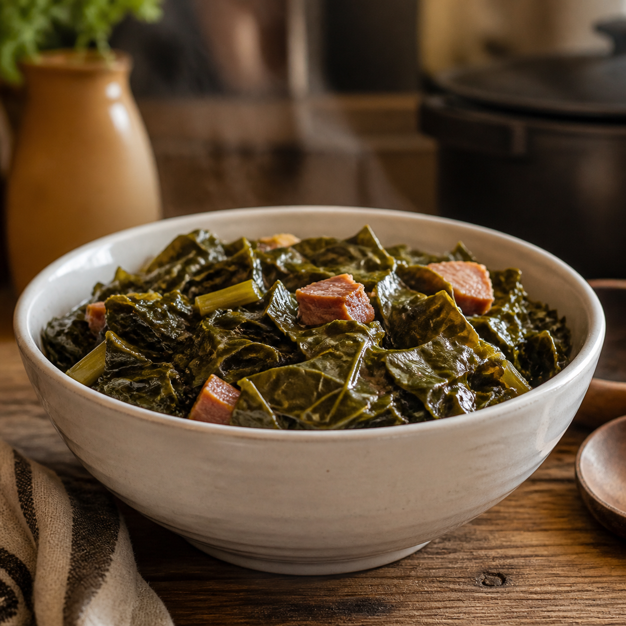 Southern collard greens in a white bowl on a rustic wooden table.