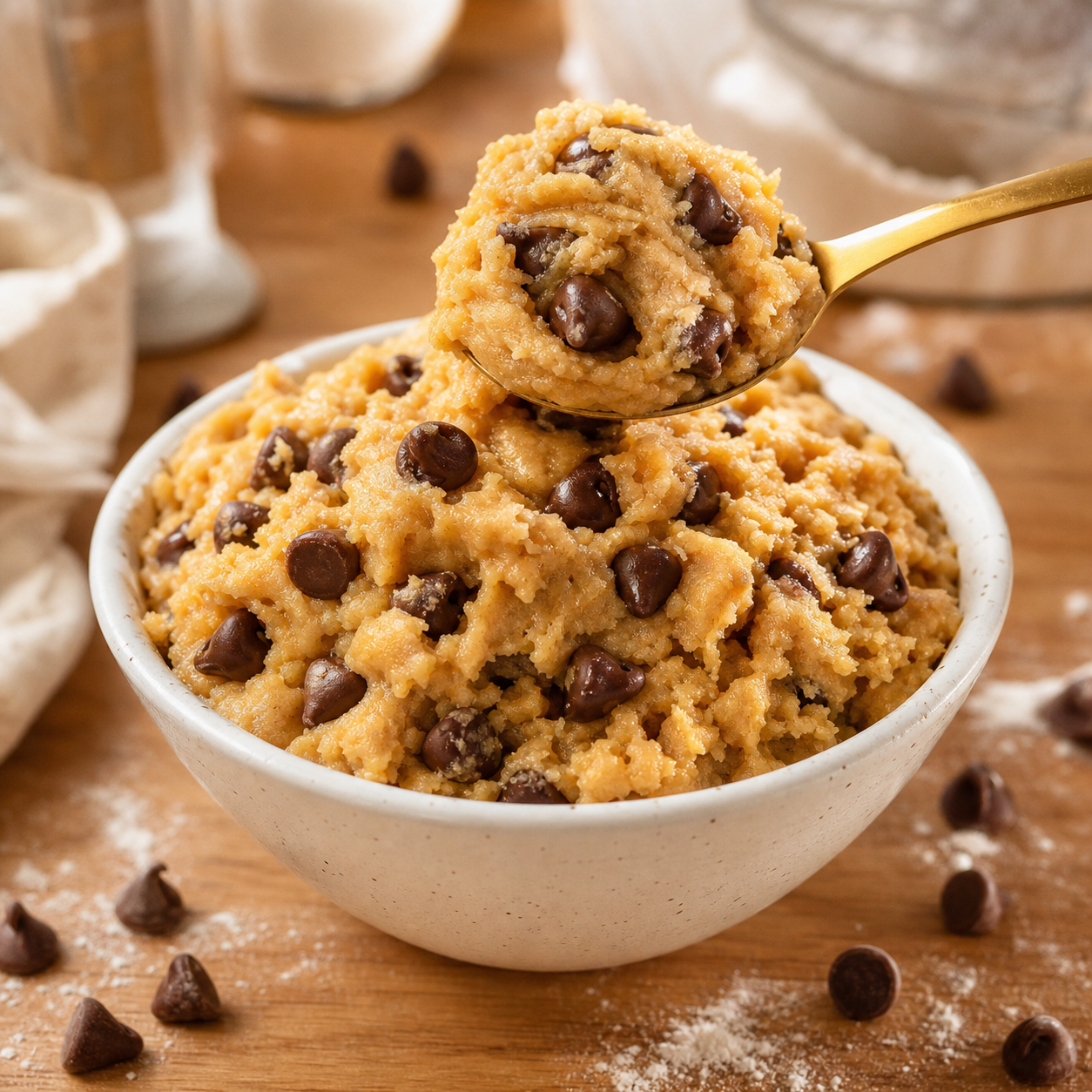 Edible chocolate chip cookie dough in a white bowl