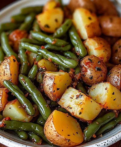 Tender green beans and baby potatoes cooked with onion, garlic, herbs, and savoury broth.