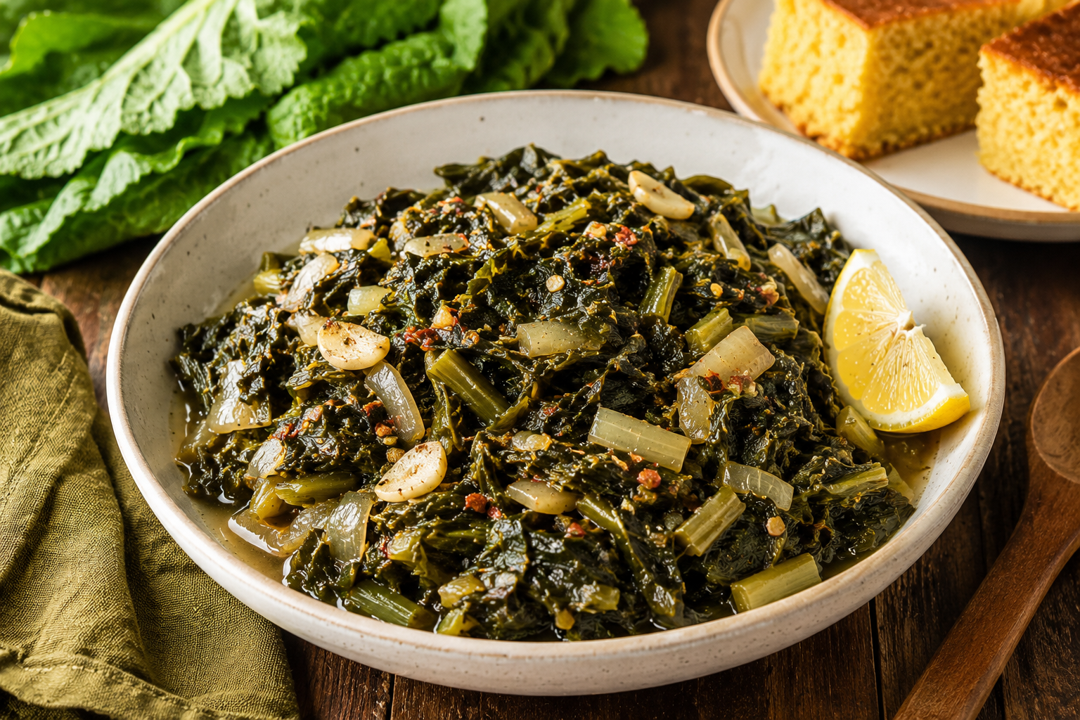 Homemade braised mustard greens with onions, garlic, red pepper flakes, and lemon in a white bowl on a rustic wooden table with cornbread.