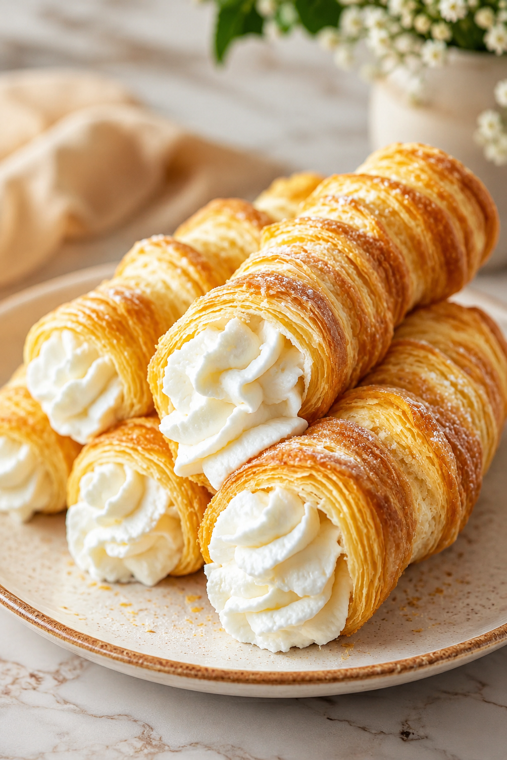 Golden flaky cream horns filled with smooth vanilla mascarpone cream and dusted with powdered sugar.