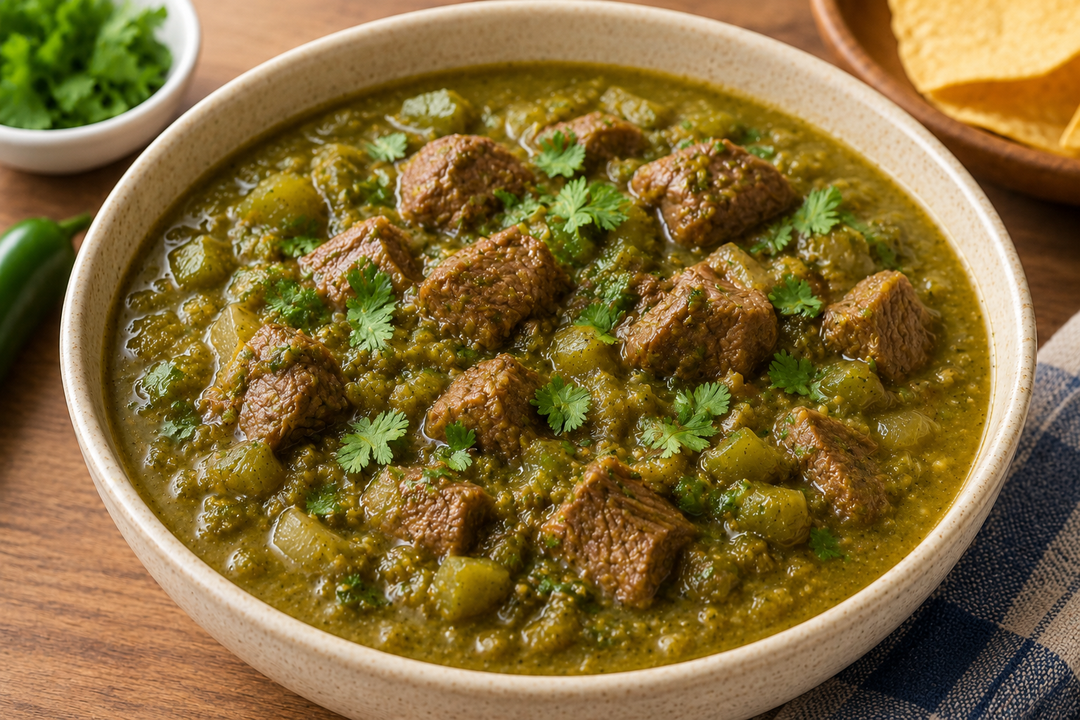 A bowl of homemade halal beef green chili topped with fresh cilantro and served hot.