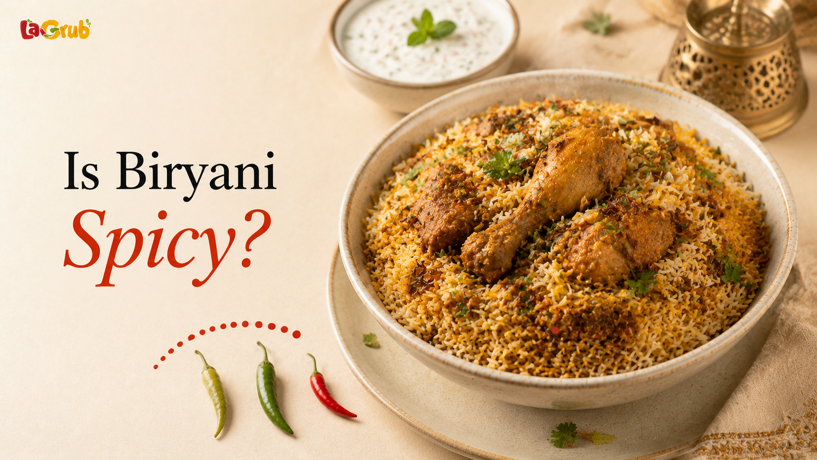 A realistic plate of biryani with raita, salad, and green chilies showing mild to spicy heat levels