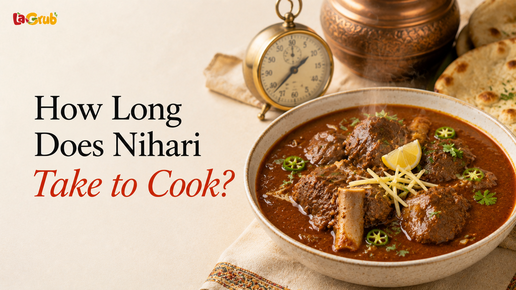 A bowl of rich beef nihari with naan, ginger, lemon, and green chilies