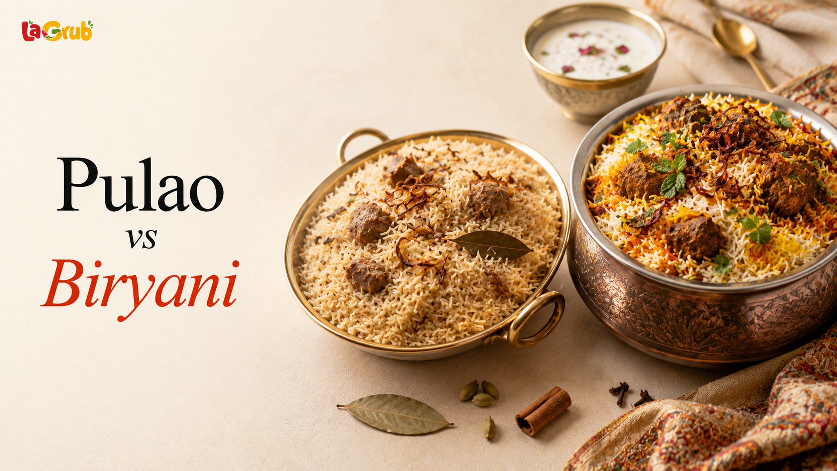 A realistic plate comparison of pulao and biryani with rice, meat, herbs, and raita