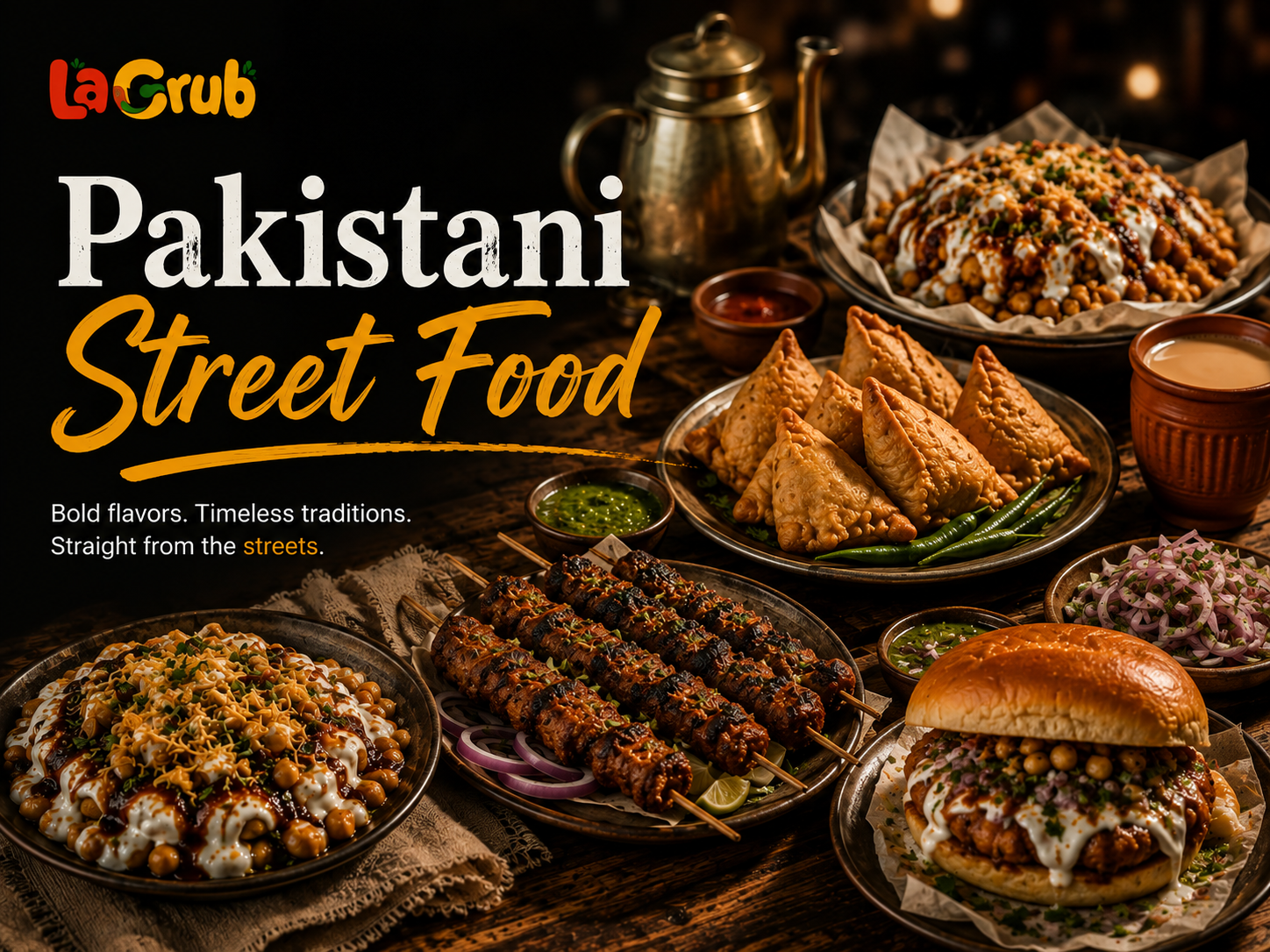 Pakistani street food spread with samosas, chaat, kebabs, bun kabab, and chai.