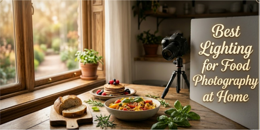 Camera and plated food by a sunlit window for home food photography.
