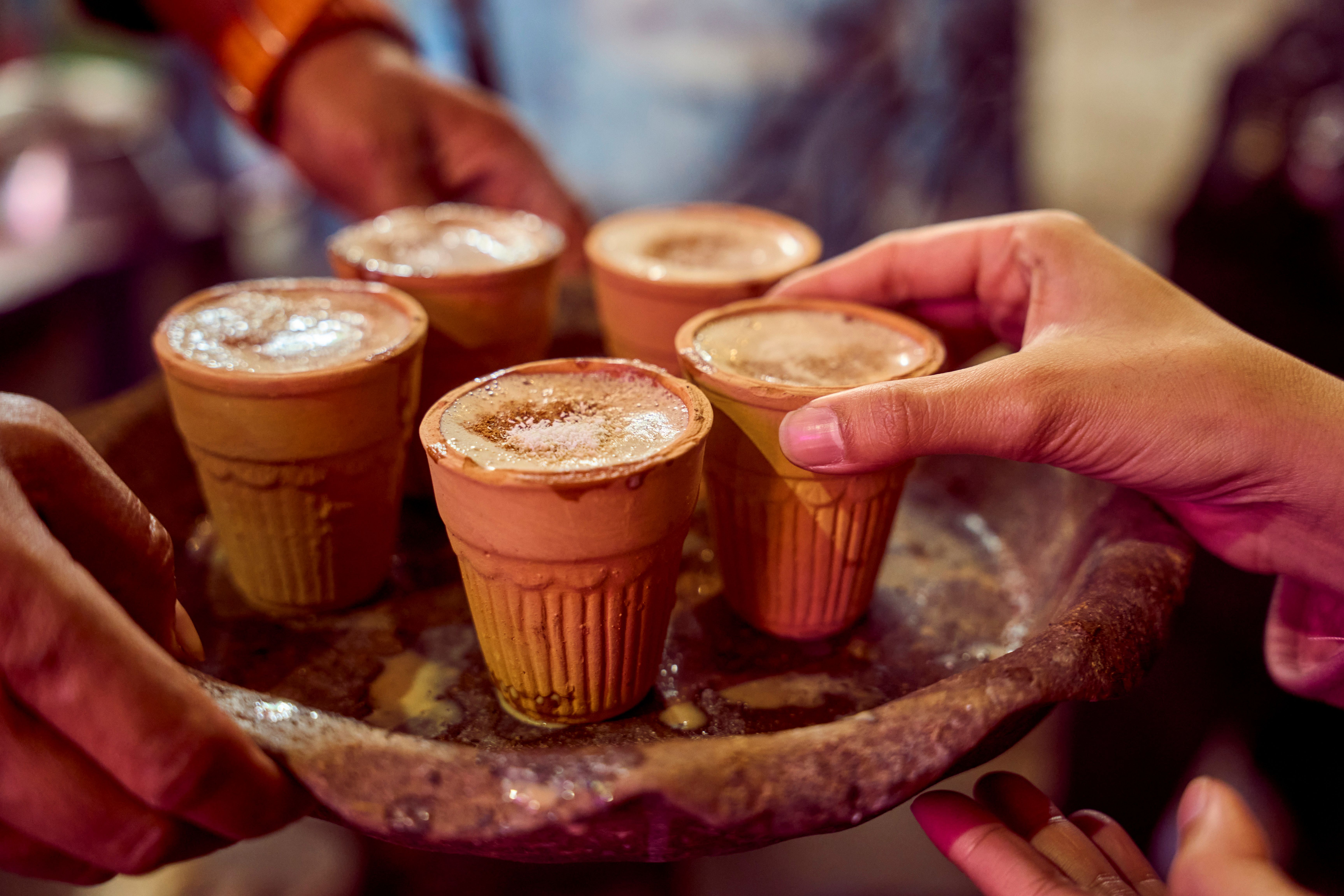 Freshly brewed masala chai with cardamom, ginger, cinnamon, cloves, and black tea