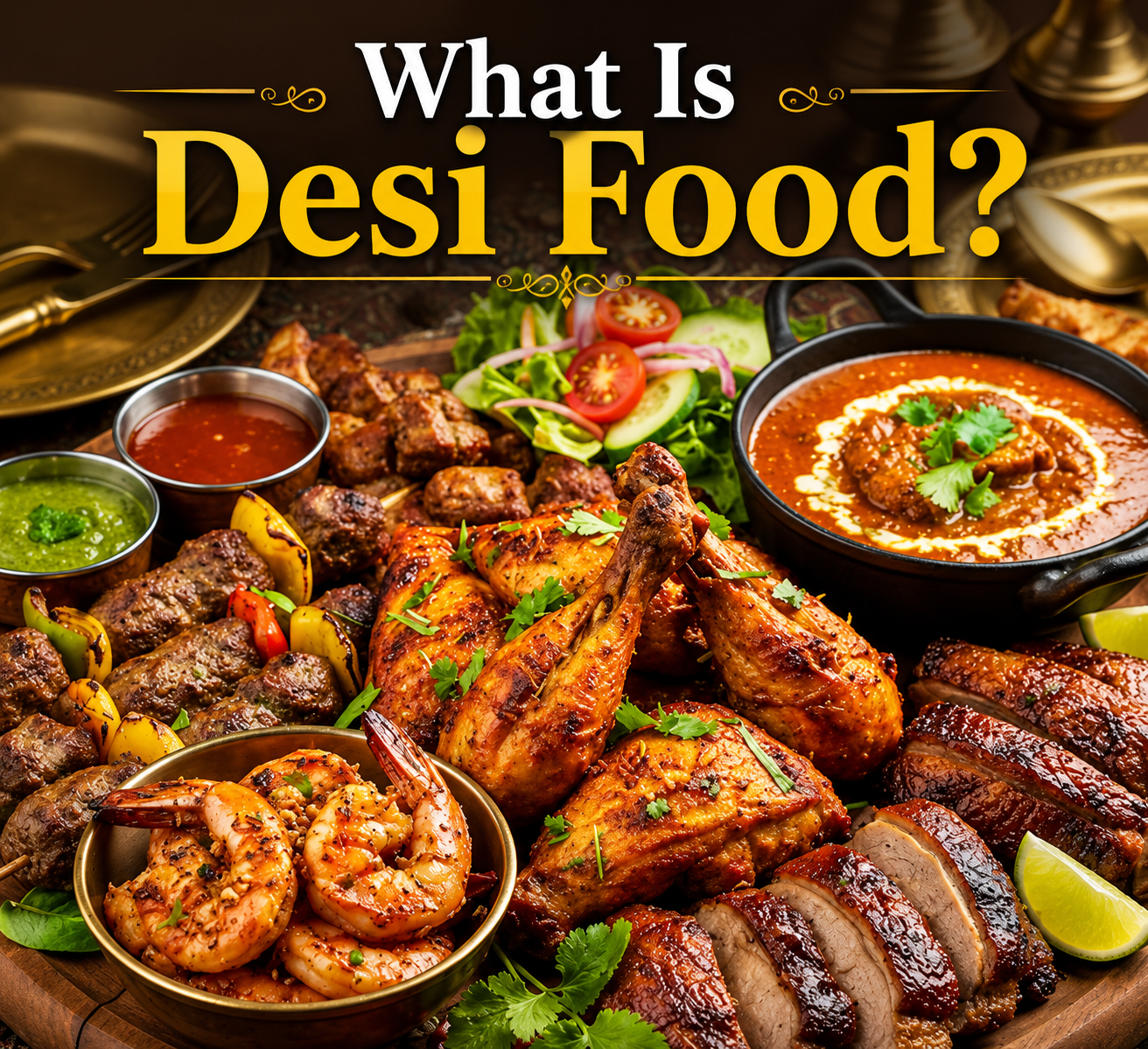 What Is Desi Food? Traditional South Asian feast with grilled chicken, kebabs, curry, shrimp, and authentic Desi dishes.