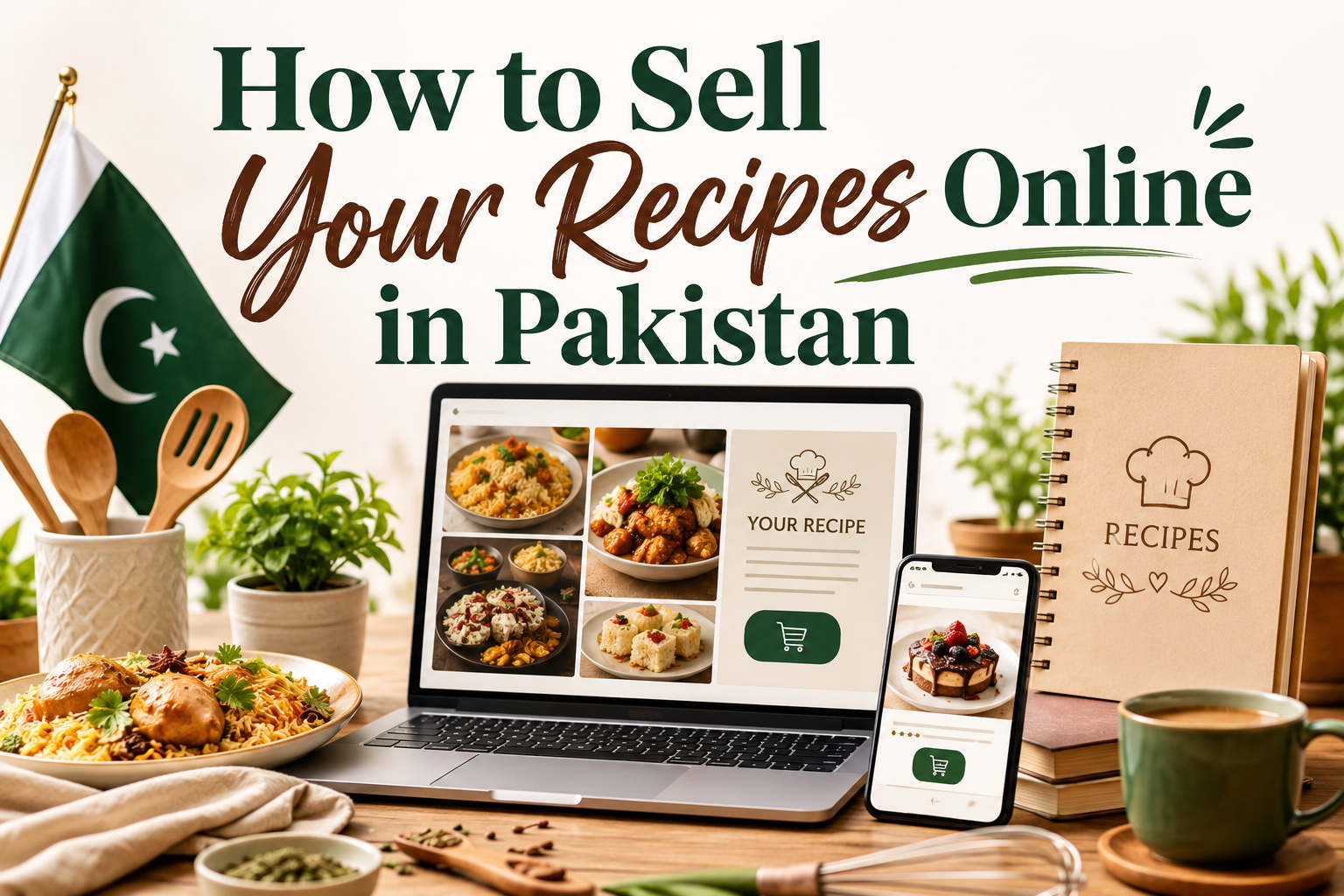 Digital recipe selling setup with a laptop, smartphone, and recipe book on a kitchen table.