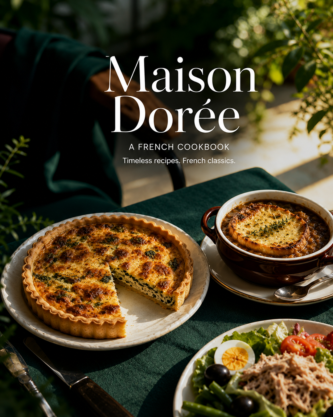 Maison Dorée French cookbook cover featuring croissants, quiche, ratatouille, coq au vin, steak frites, crème brûlée, macarons, and classic French recipes.