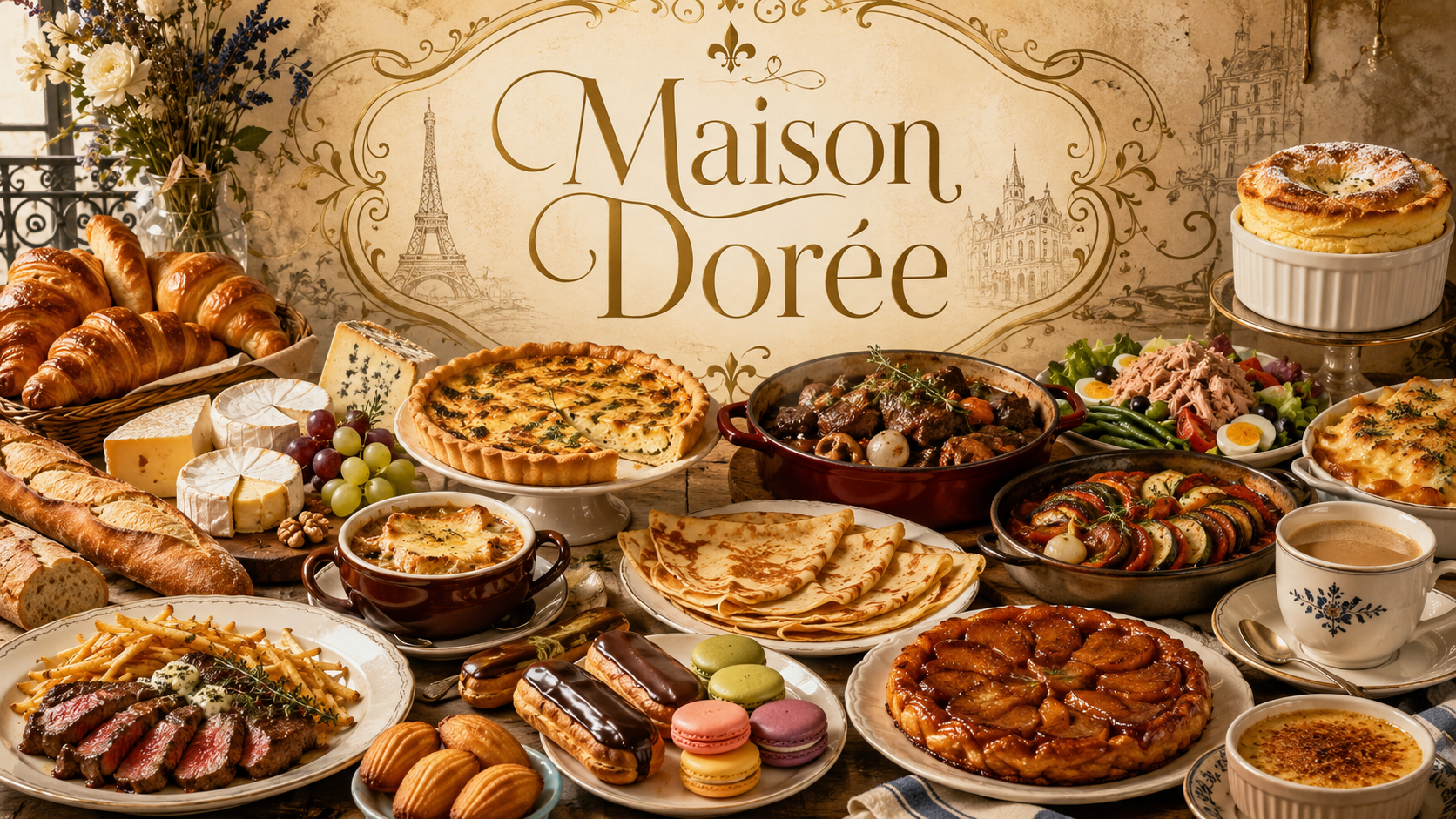 Maison Dorée French cookbook cover featuring croissants, quiche, ratatouille, coq au vin, steak frites, crème brûlée, macarons, and classic French recipes.