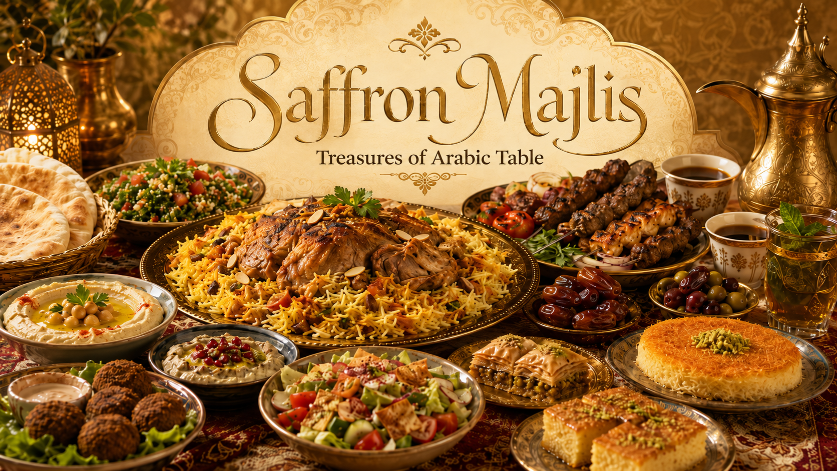 Saffron Majlis Arabic cookbook cover featuring kabsa rice, grilled kebabs, hummus, falafel, pita bread, dates, kunafa, baklava, mint tea, and Arabic coffee.