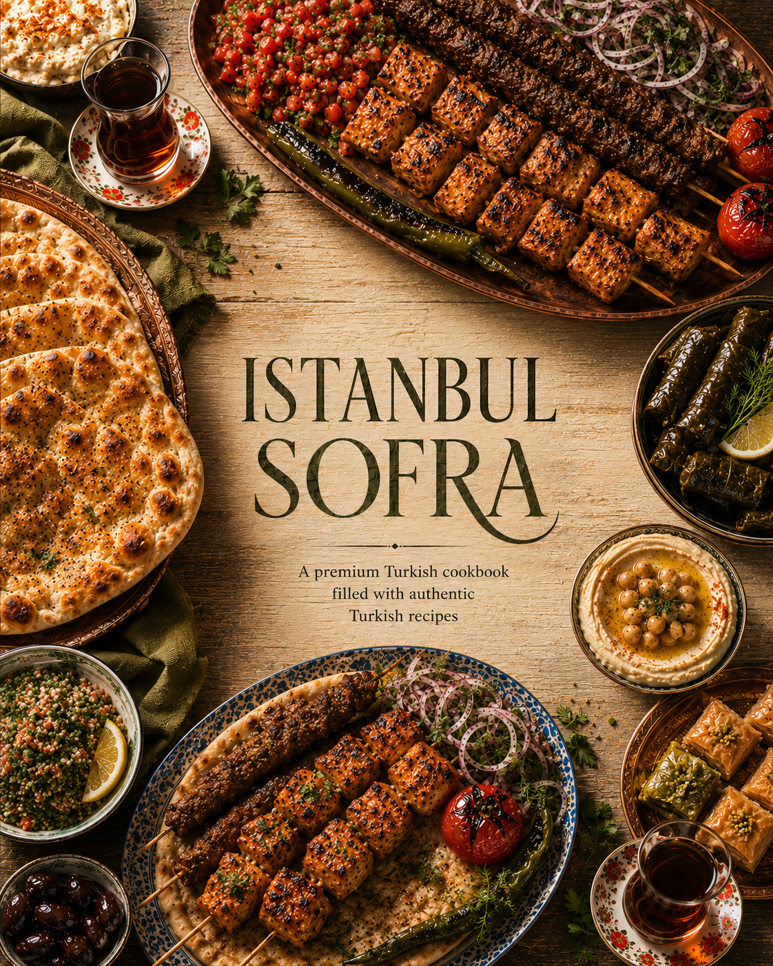 Istanbul Sofra Turkish cookbook cover featuring menemen, simit, börek, pide, manti, kebabs, mezze, Turkish tea, Turkish coffee, baklava, künefe, and Turkish delight.