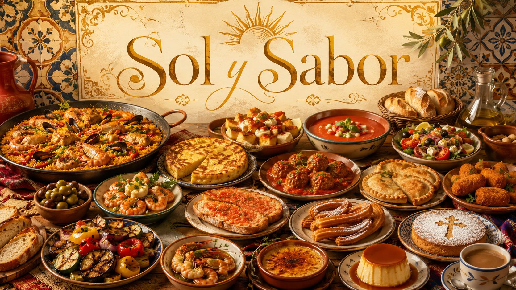 Sol y Sabor Spanish cookbook cover featuring paella, tapas, tortilla española, patatas bravas, gazpacho, garlic shrimp, churros, flan, and classic Spanish recipes.