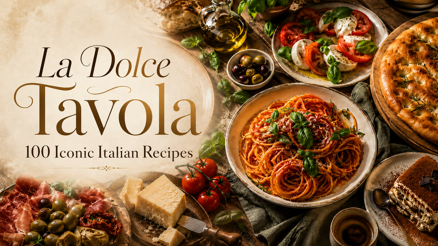 La Dolce Tavola Italian cookbook cover featuring pasta, focaccia, caprese salad, antipasti, parmesan, olives, tiramisu, and classic Italian recipes.