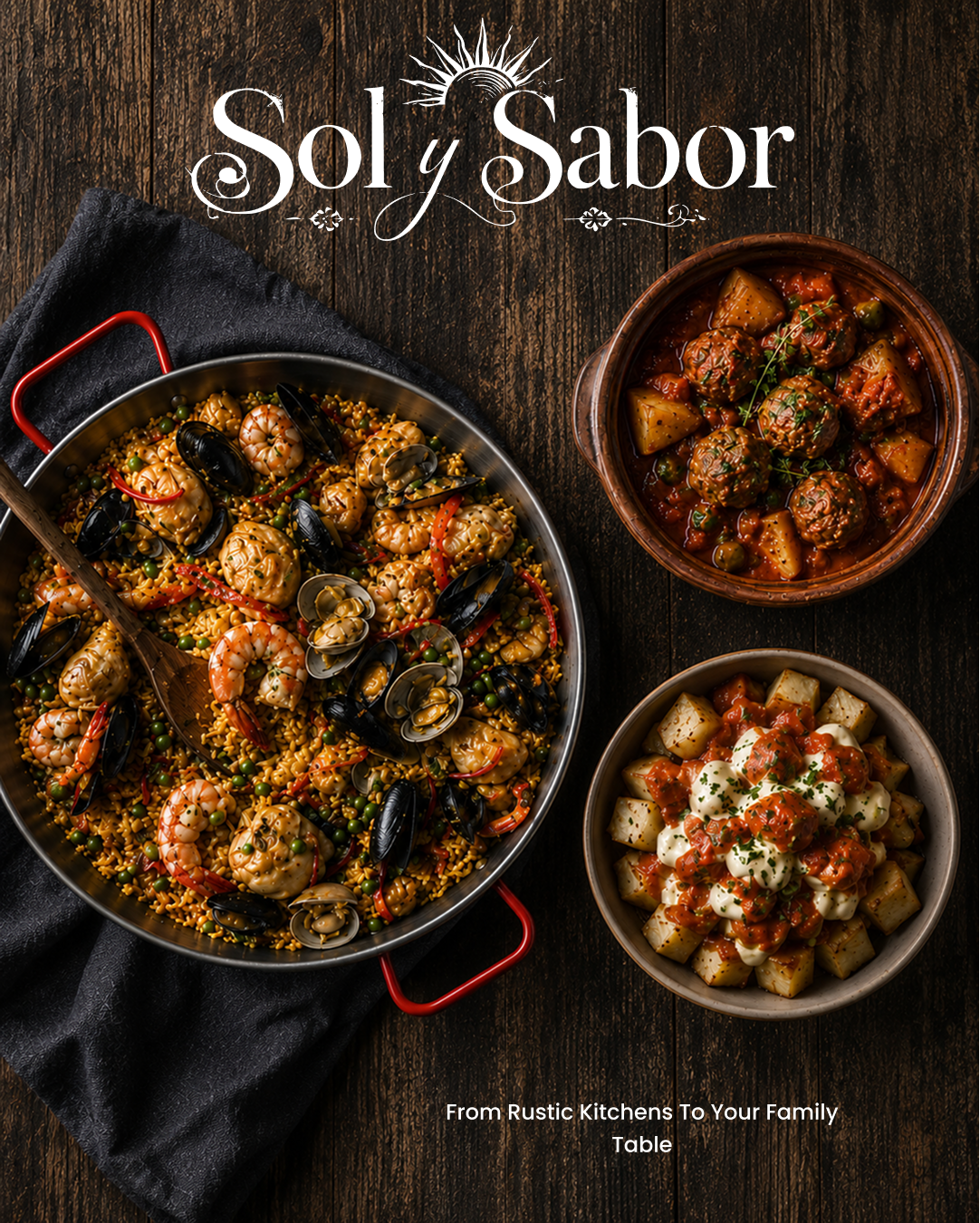 Sol y Sabor Spanish cookbook cover featuring paella, tapas, tortilla española, patatas bravas, gazpacho, garlic shrimp, churros, flan, and classic Spanish recipes.