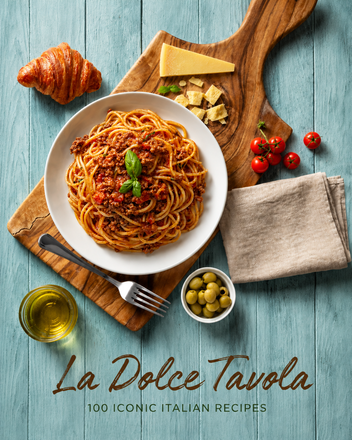 La Dolce Tavola Italian cookbook cover featuring pasta, focaccia, caprese salad, antipasti, parmesan, olives, tiramisu, and classic Italian recipes.