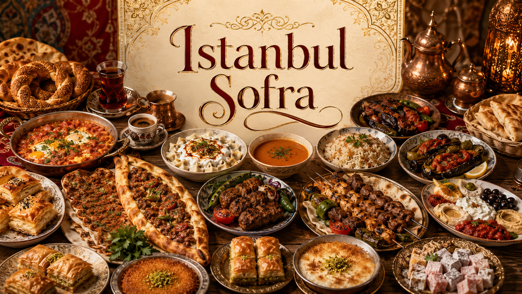 Istanbul Sofra Turkish cookbook cover featuring menemen, simit, börek, pide, manti, kebabs, mezze, Turkish tea, Turkish coffee, baklava, künefe, and Turkish delight.