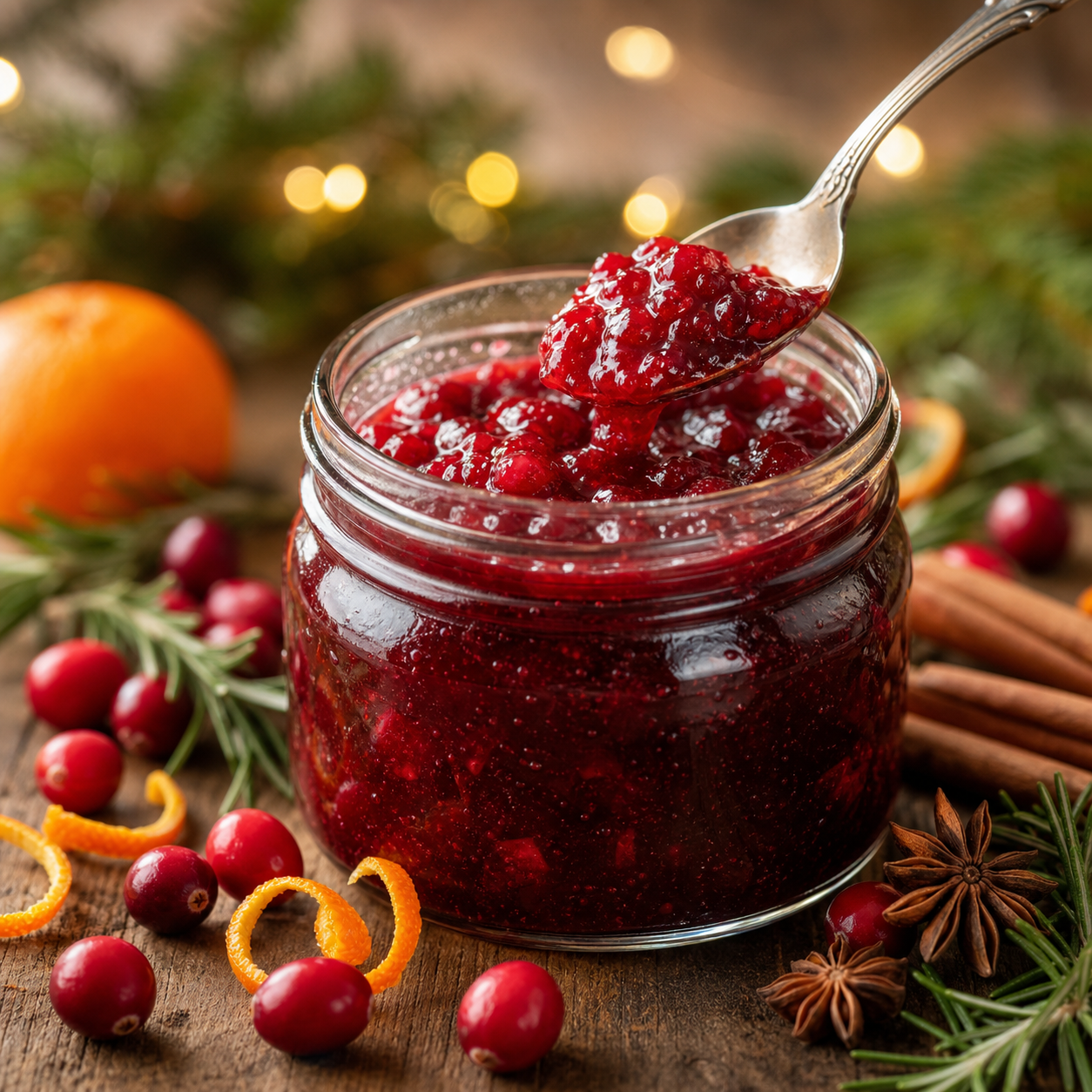 Christmas jam in a glass jar with cranberries, orange peel, cinnamon, and rosemary.