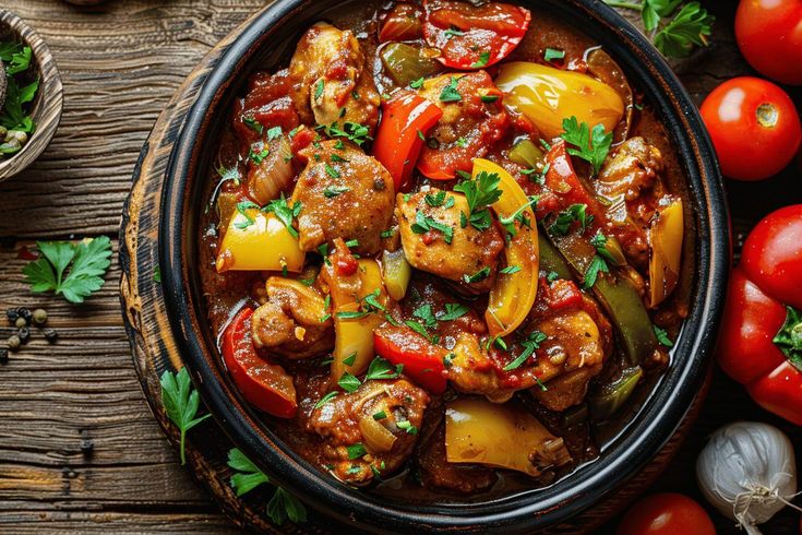 Poulet Basquaise chicken cooked with peppers and tomatoes in a rich sauce.