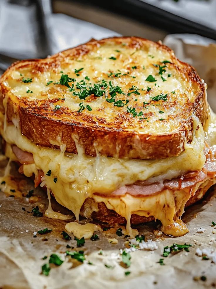 Golden Croque Monsieur sandwich with melted cheese and creamy topping.