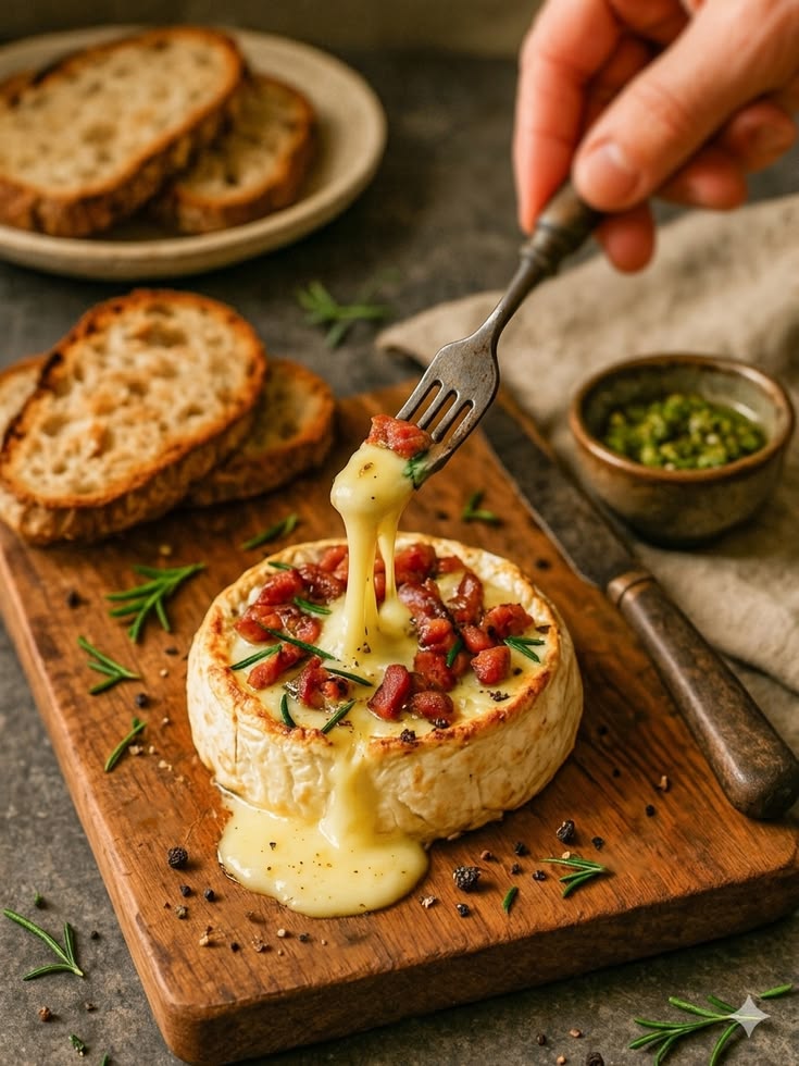 Baked Camembert cheese wheel melted with honey, rosemary, and chili flakes served with bread and crackers.