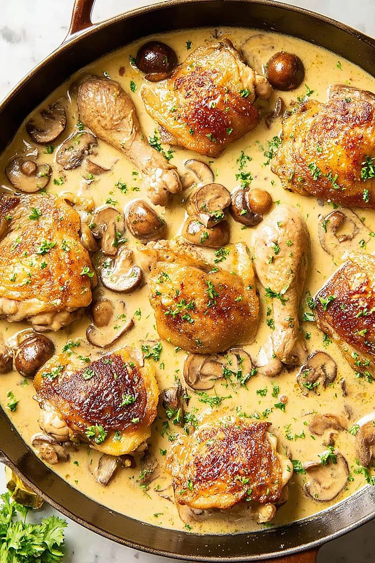 Classic creamy French chicken fricassee with mushrooms and herbs.