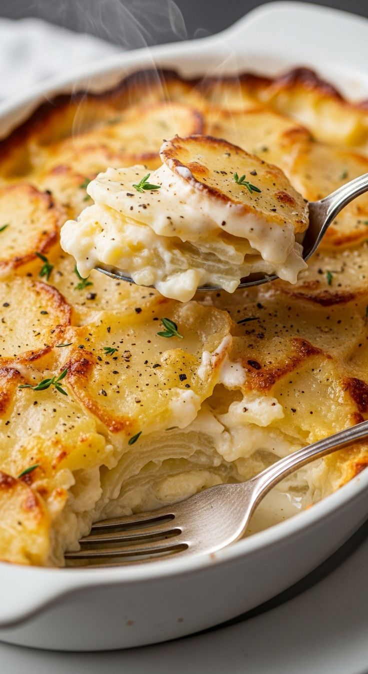 Creamy baked Dauphinoise potatoes with golden cheese crust.