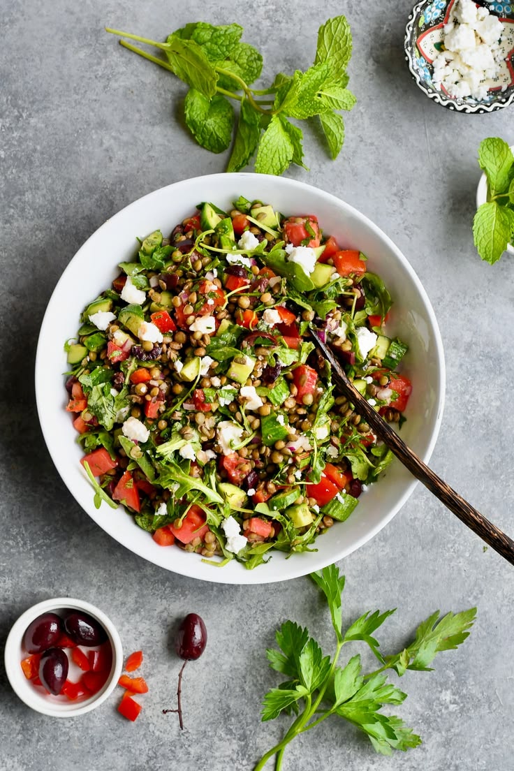 Fresh French lentil salad with vegetables and lemon dressing.