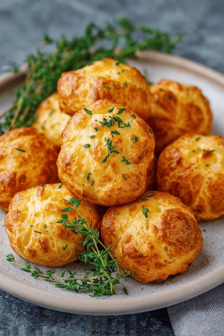 Golden gougeres cheese puffs fresh from oven.