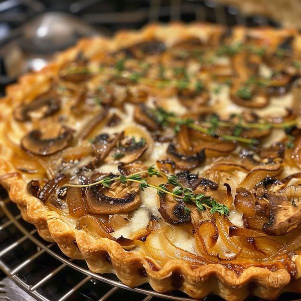Golden French mushroom tart with puff pastry and melted cheese.