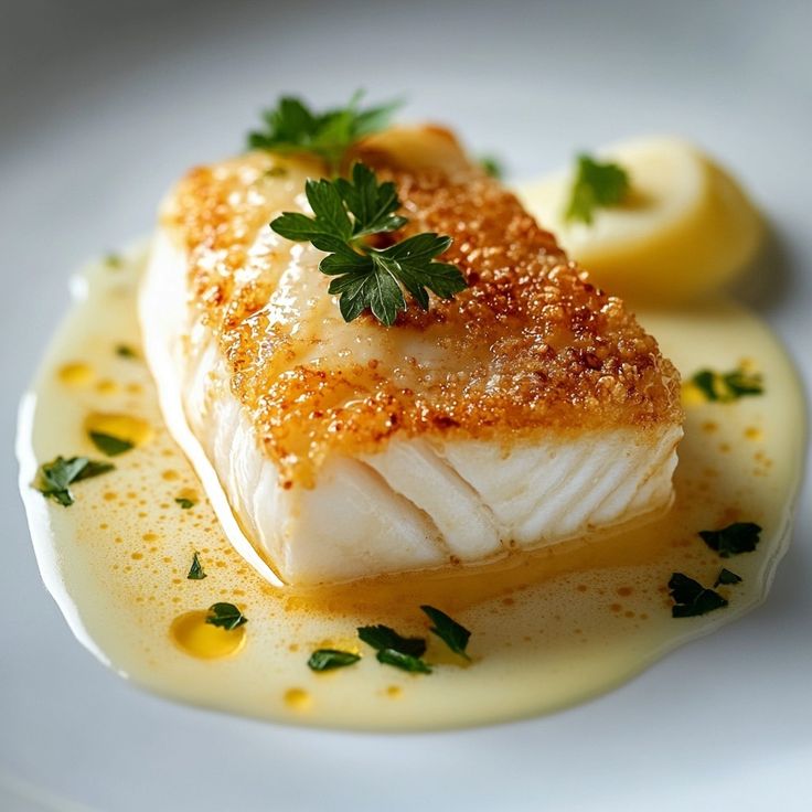 Golden pan fried sole fish with lemon butter sauce and parsley.