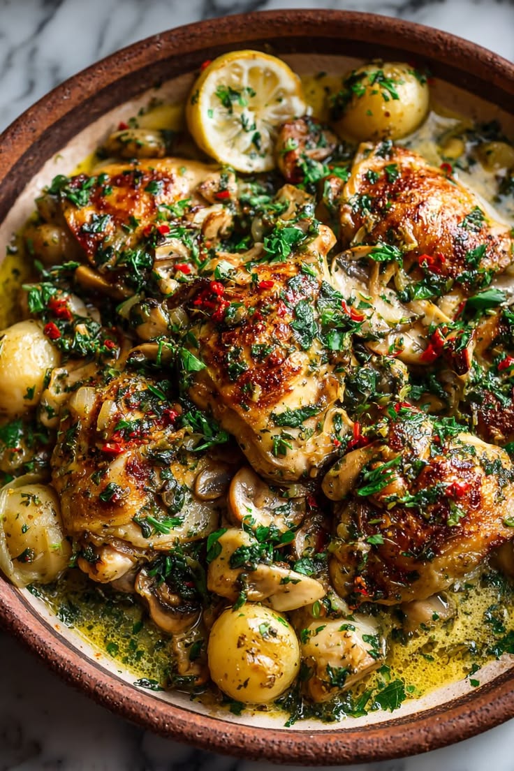Chicken Chasseur served with mushrooms in rich brown sauce.