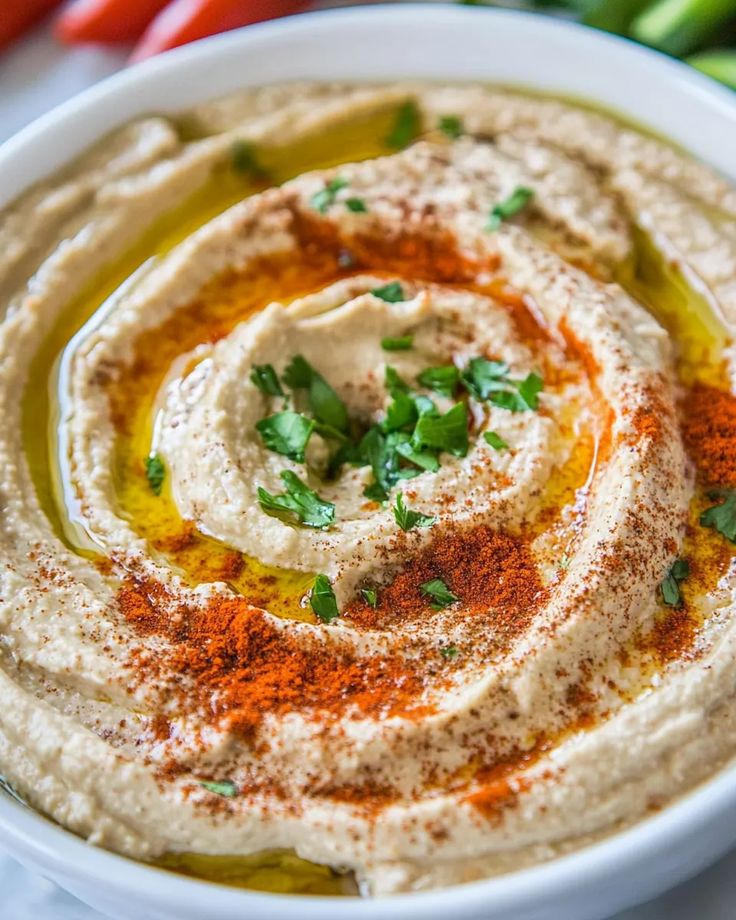 Smoky baba ghanoush served with olive oil and parsley garnish.