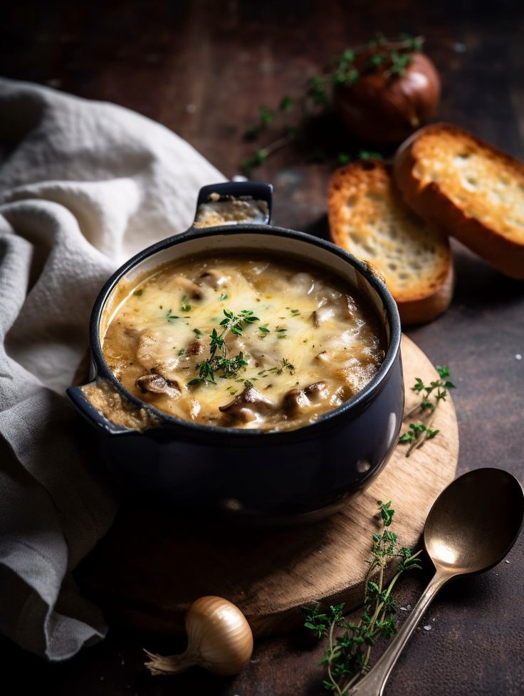 French onion soup topped with melted cheese and toasted baguette.