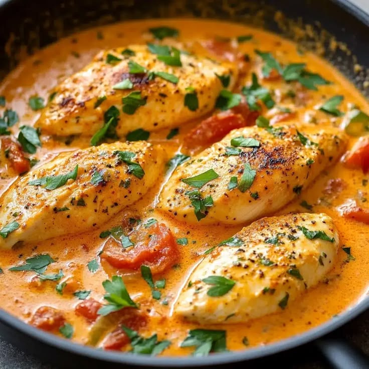 Creamy French chicken with mushrooms and herbs in white sauce.