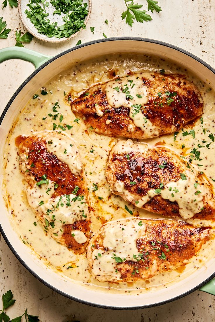 Mustard cream chicken with spinach and bacon in a rich creamy sauce.