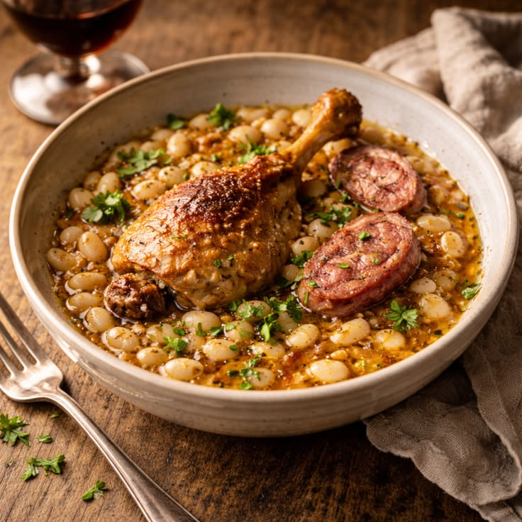 Traditional French cassoulet with beans, chicken, beef, sausages, and crispy breadcrumb topping.