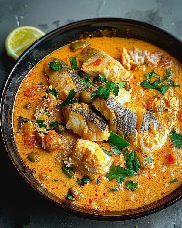 French Provençal bourride fish stew with creamy saffron aioli sauce.
