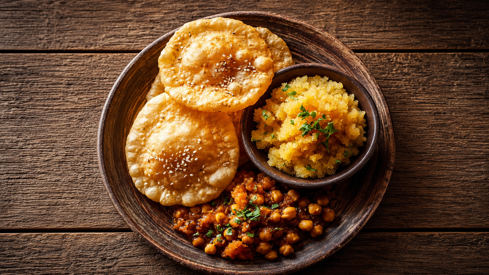 Halwa puri breakfast with fried bread, semolina halwa, and chickpea curry