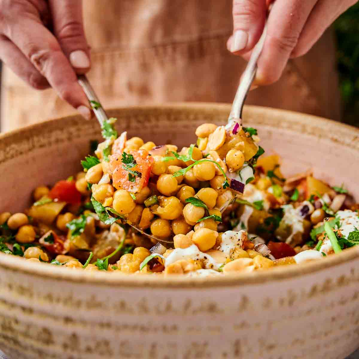 Chickpea chaat mixed with onions, tomatoes, and chutneys