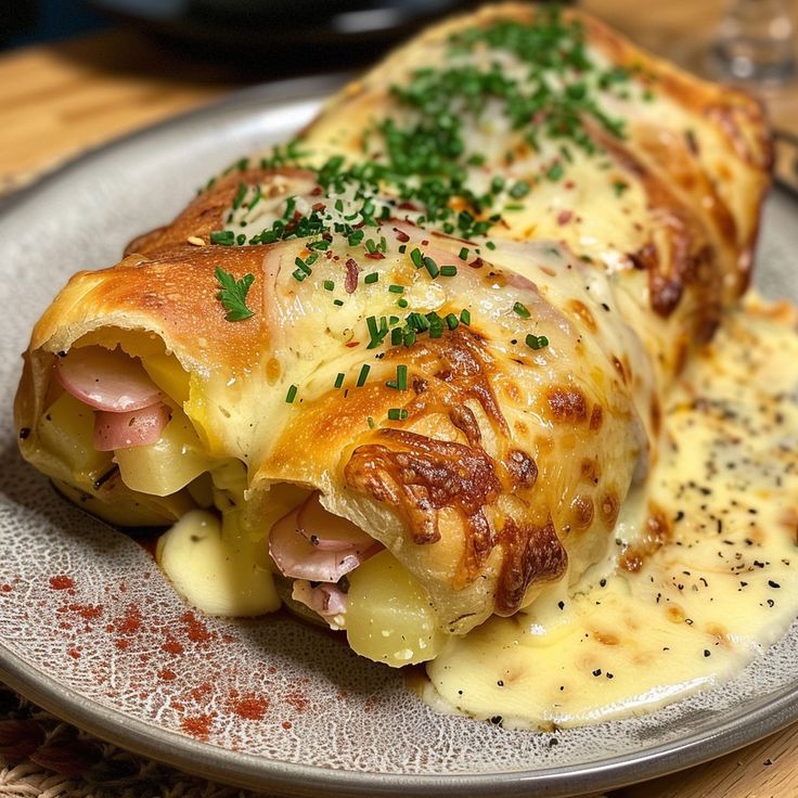 Melted raclette cheese served with potatoes, vegetables, and pickles.