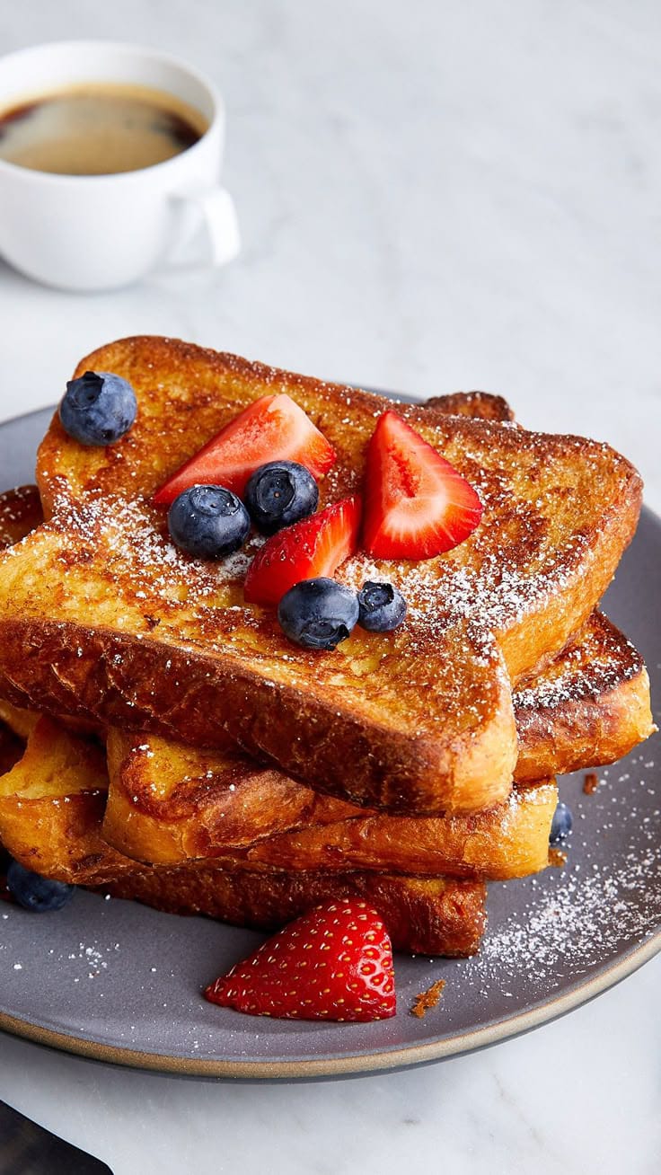 Golden French toast slices with syrup.