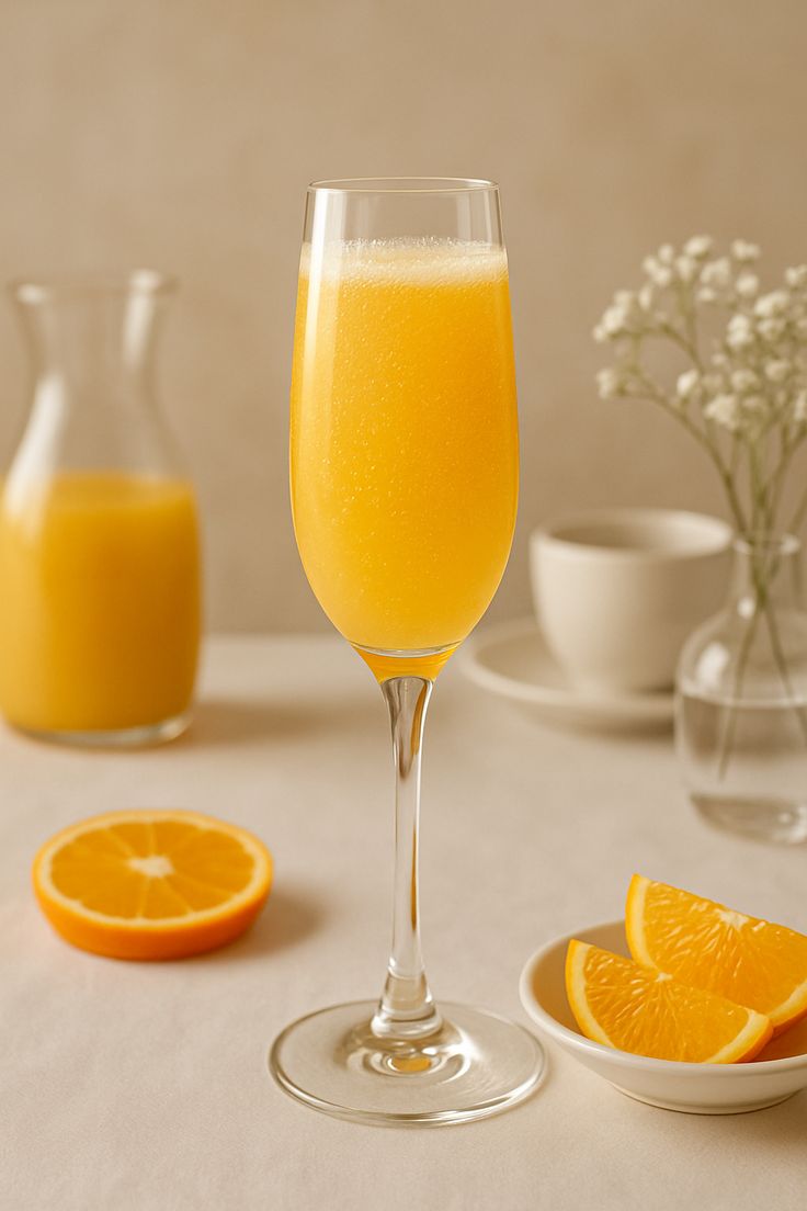 French brunch mimosa served in a champagne flute with orange garnish.