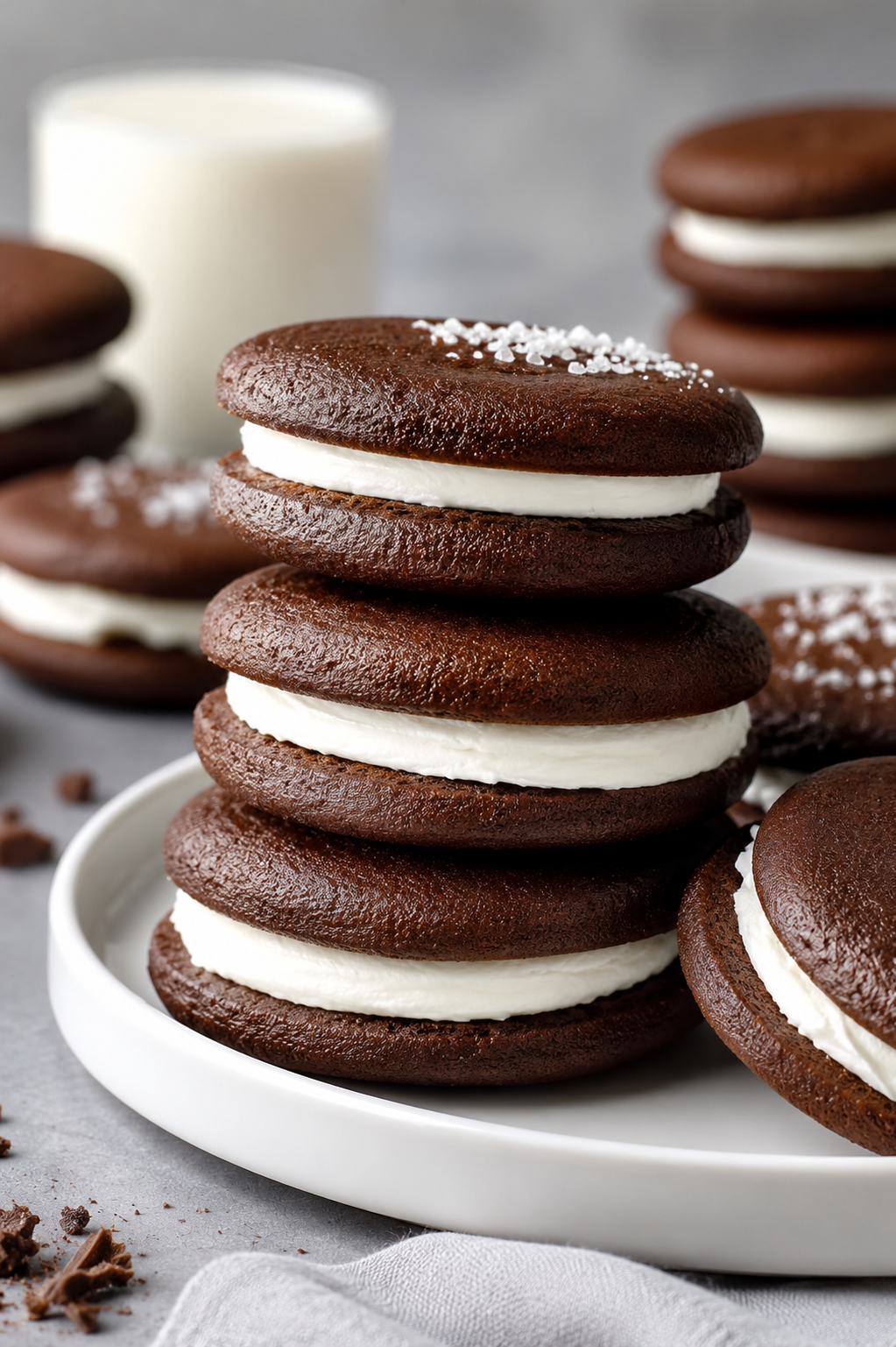 Homemade chocolate whoopie pies filled with fluffy vanilla marshmallow cream.
