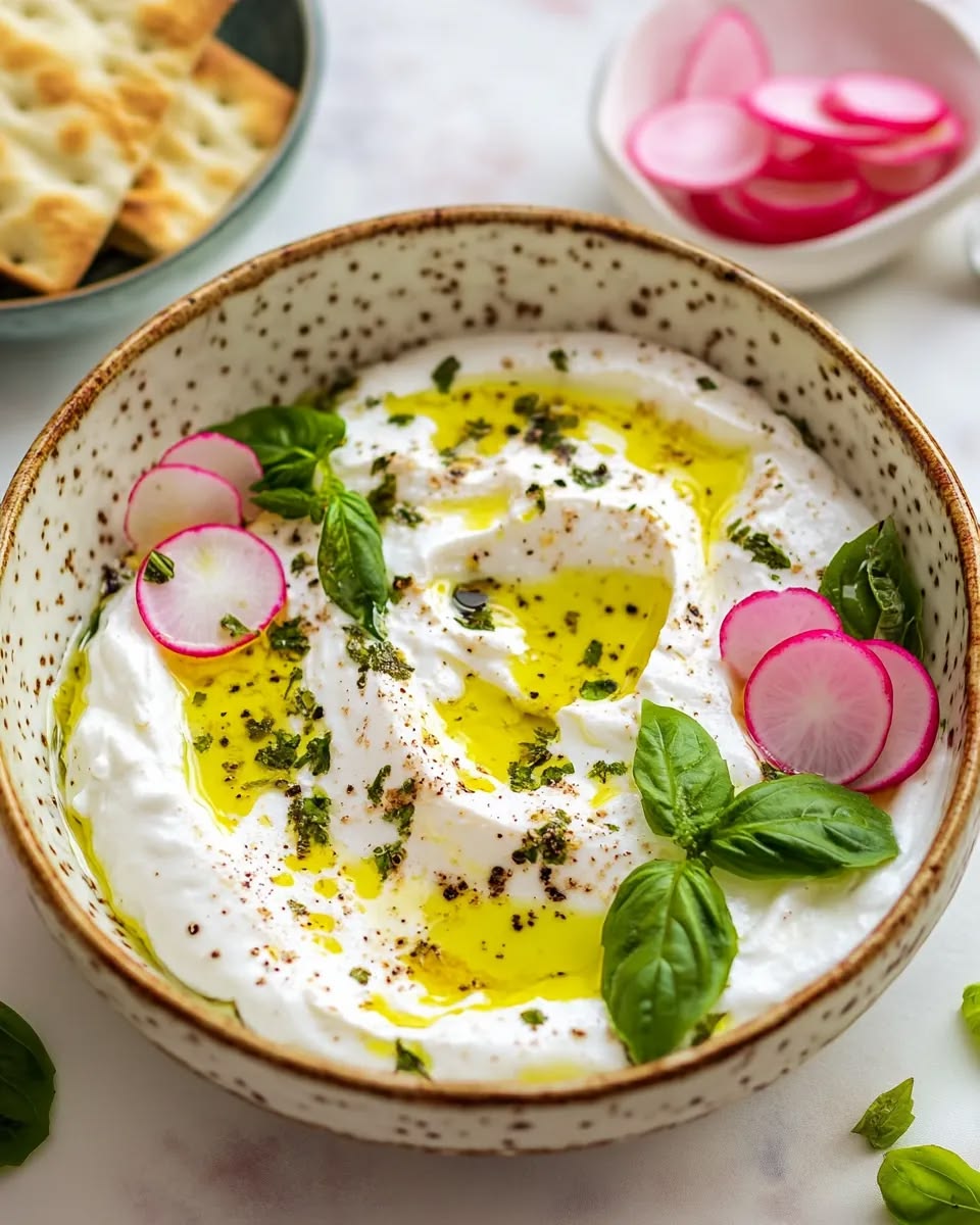 Creamy labneh topped with olive oil and zaatar served with pita bread